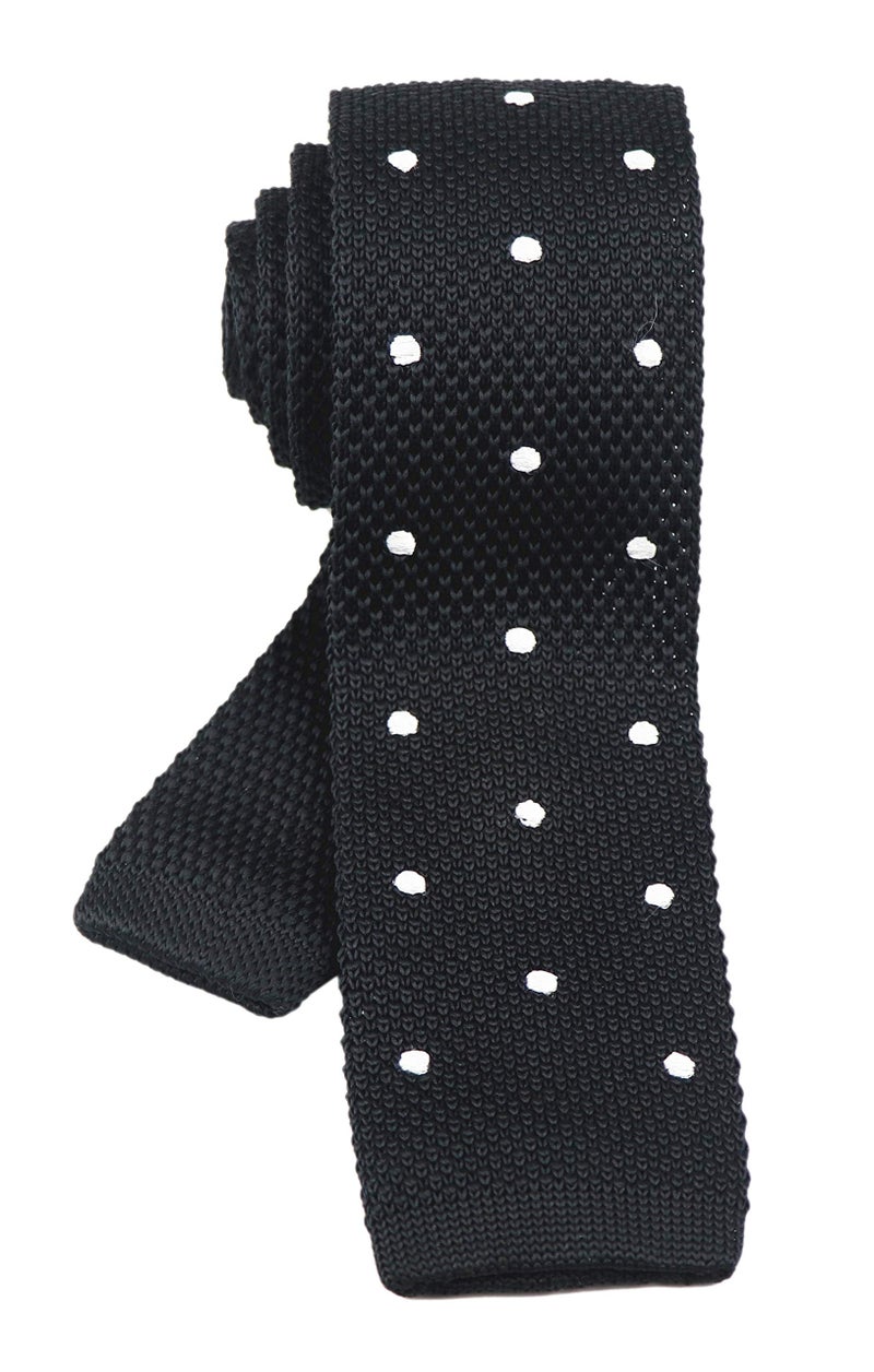 Secdtie Mens Boy Black Knitted Neck Tie with White Dots Accessory Formal Necktie - Image 3